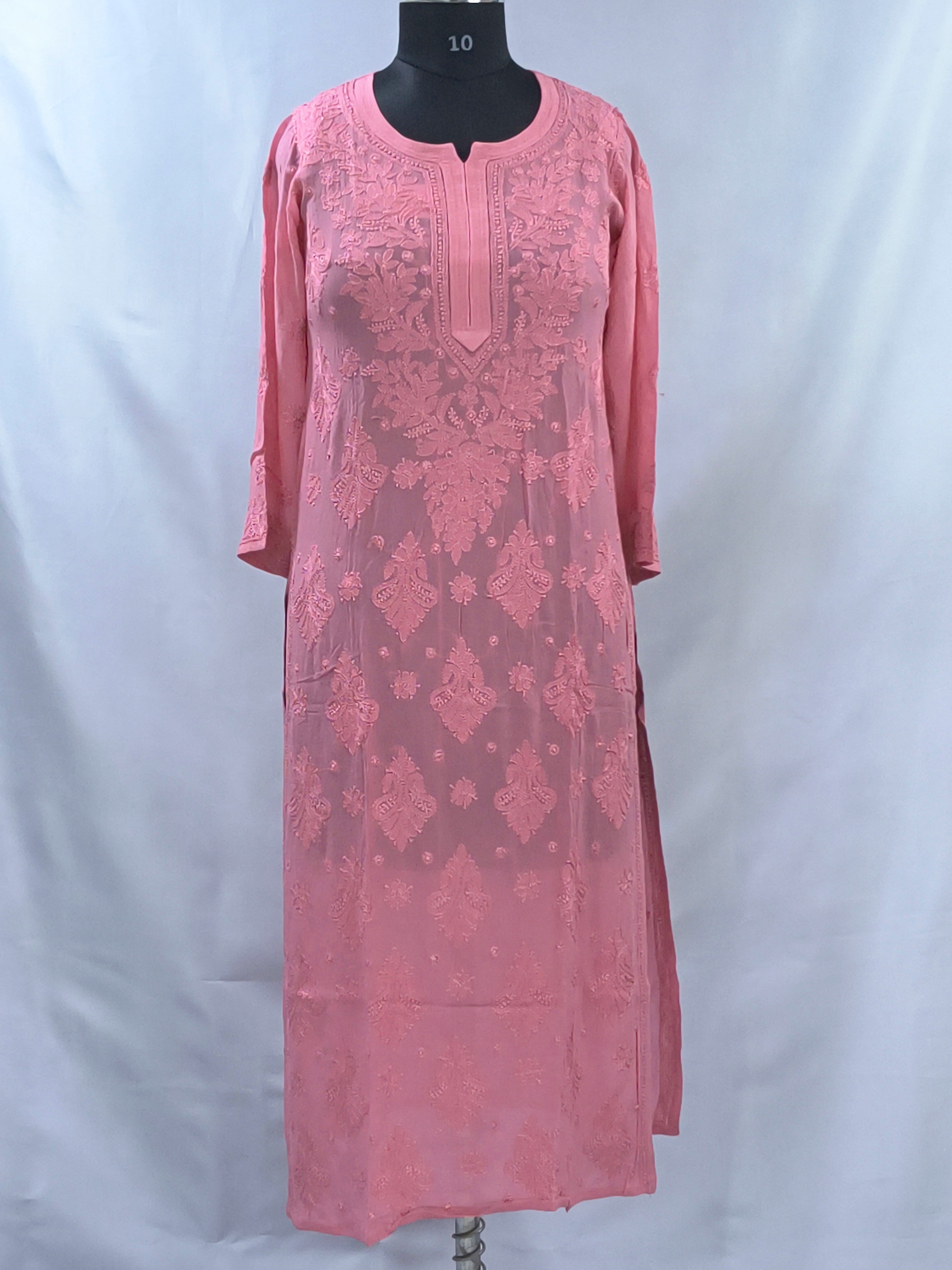 1016 peach pink  viscose lucknowi kurta in hand embroidered shadow work with silk thread