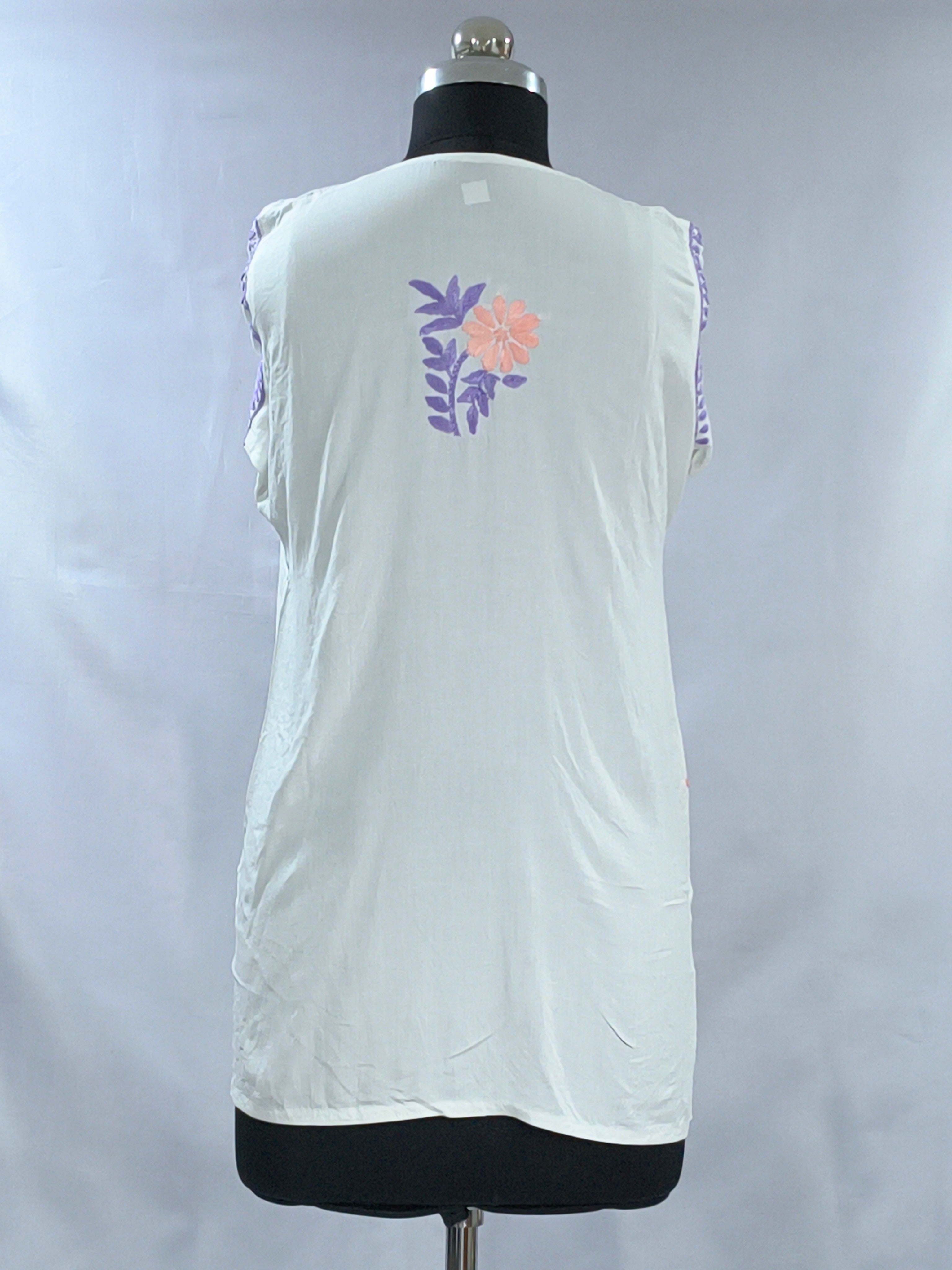 1002 white Modal Lucknowi short kurti peach & purple hand embroidery