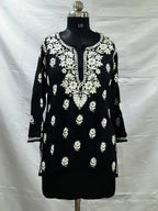 Black Lucknowi Modal short kurti in hand embroidery