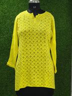 Yellow Lucknowi viscose short kurti with hand embroidery - slip included
