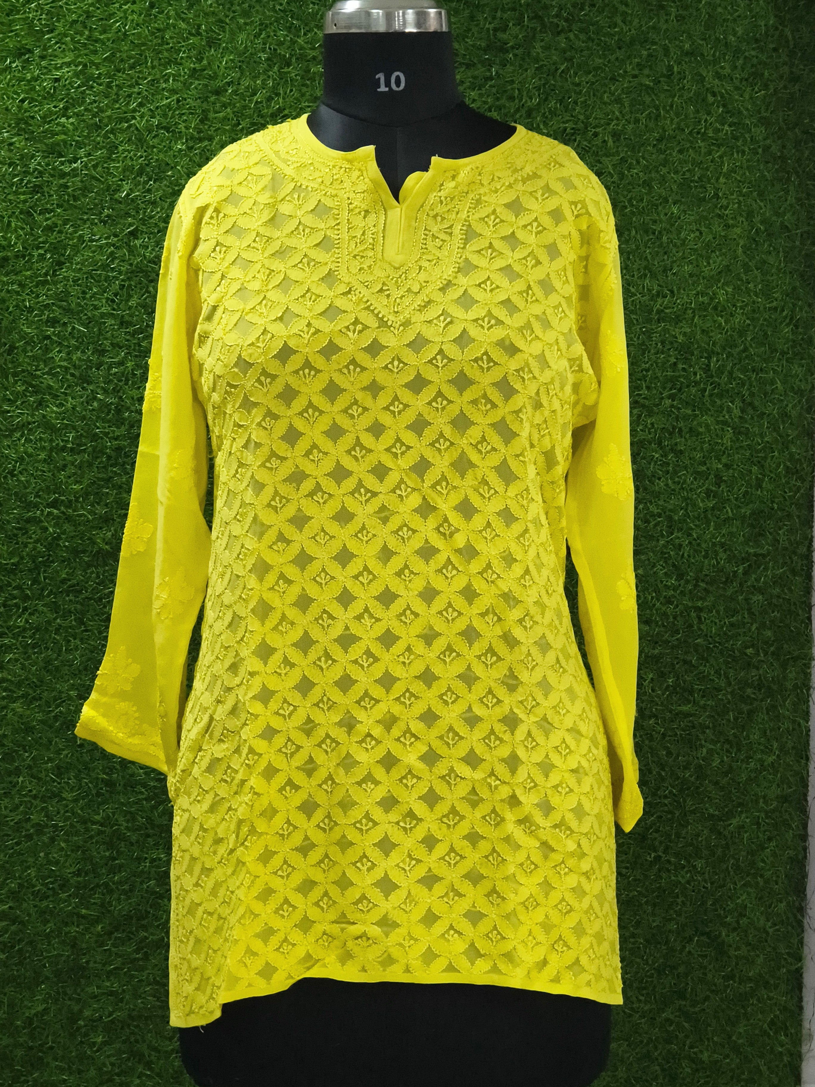 Yellow Lucknowi viscose short kurti with hand embroidery - slip included