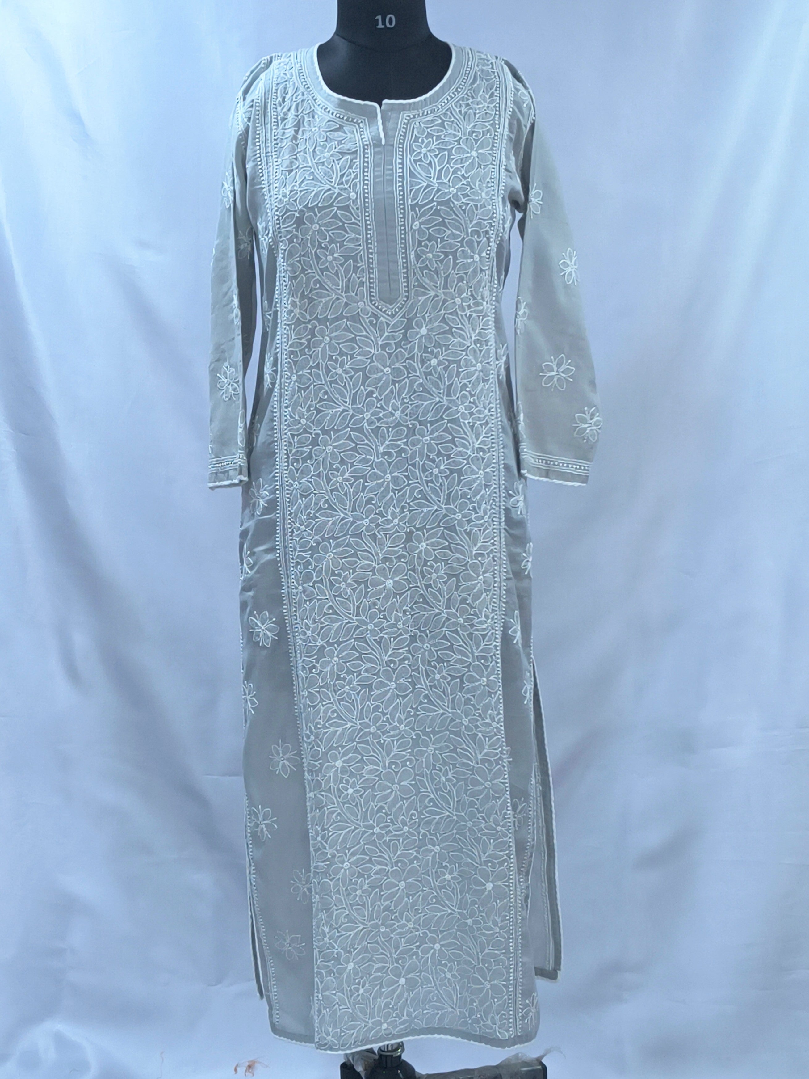1024 grey Mul cotton Lucknowi kurta in hand embroidered front jaal