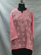 Salmon pink Lucknowi cotton short kurti hand embroidered