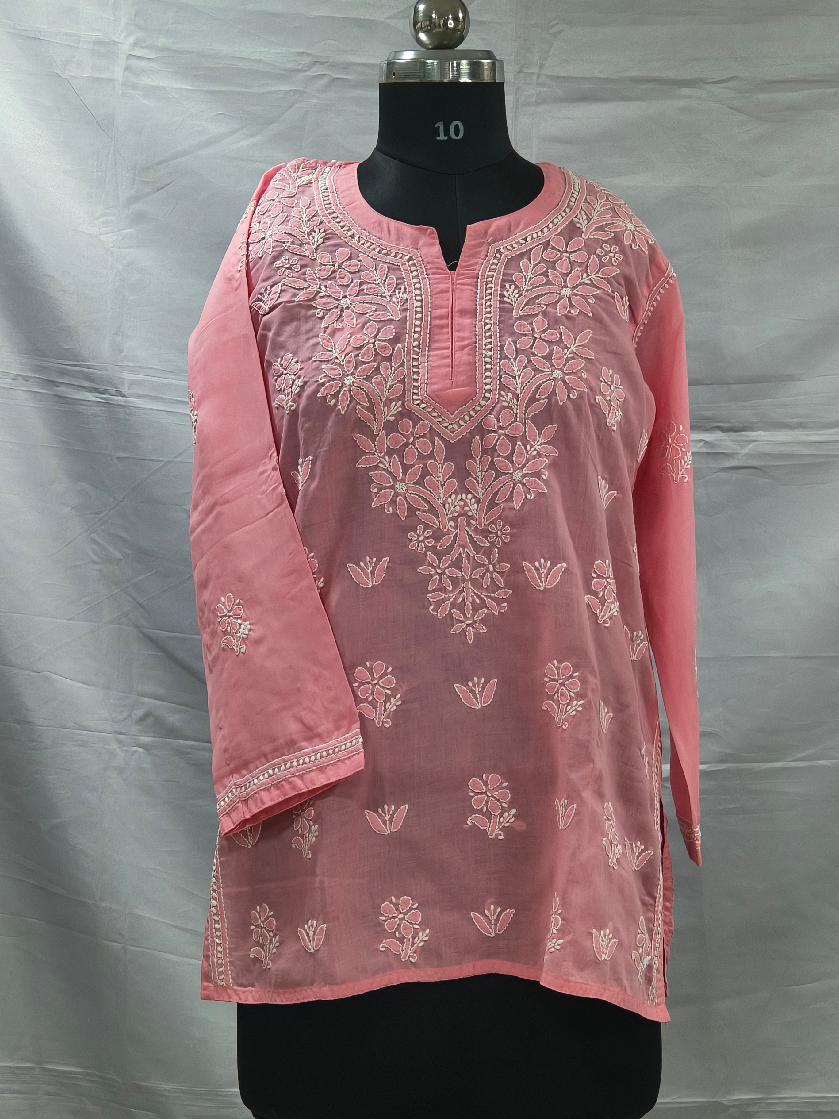 Salmon pink Lucknowi cotton short kurti hand embroidered