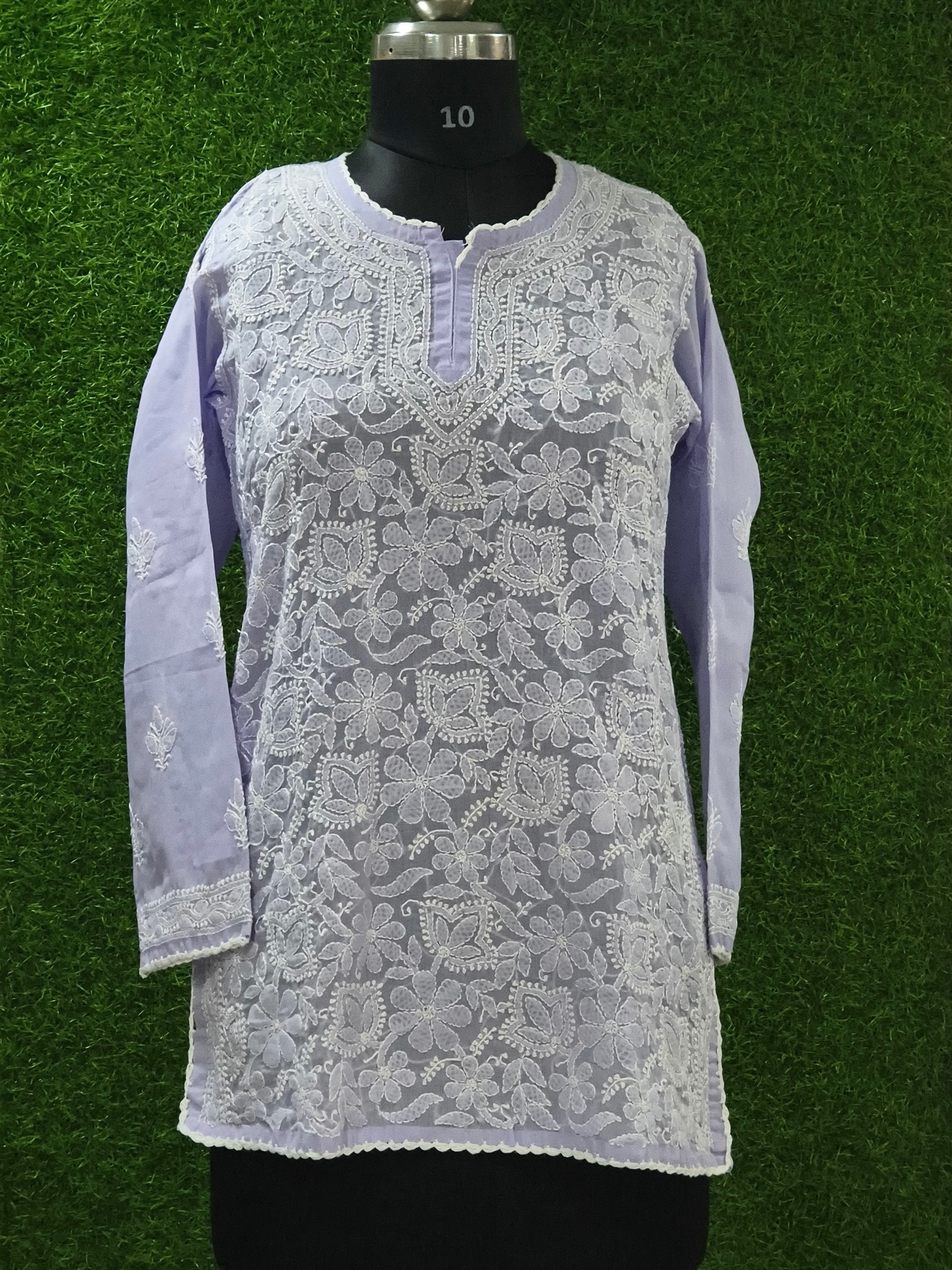 Lilac Lucknowi Mul short kurti hand embroidered