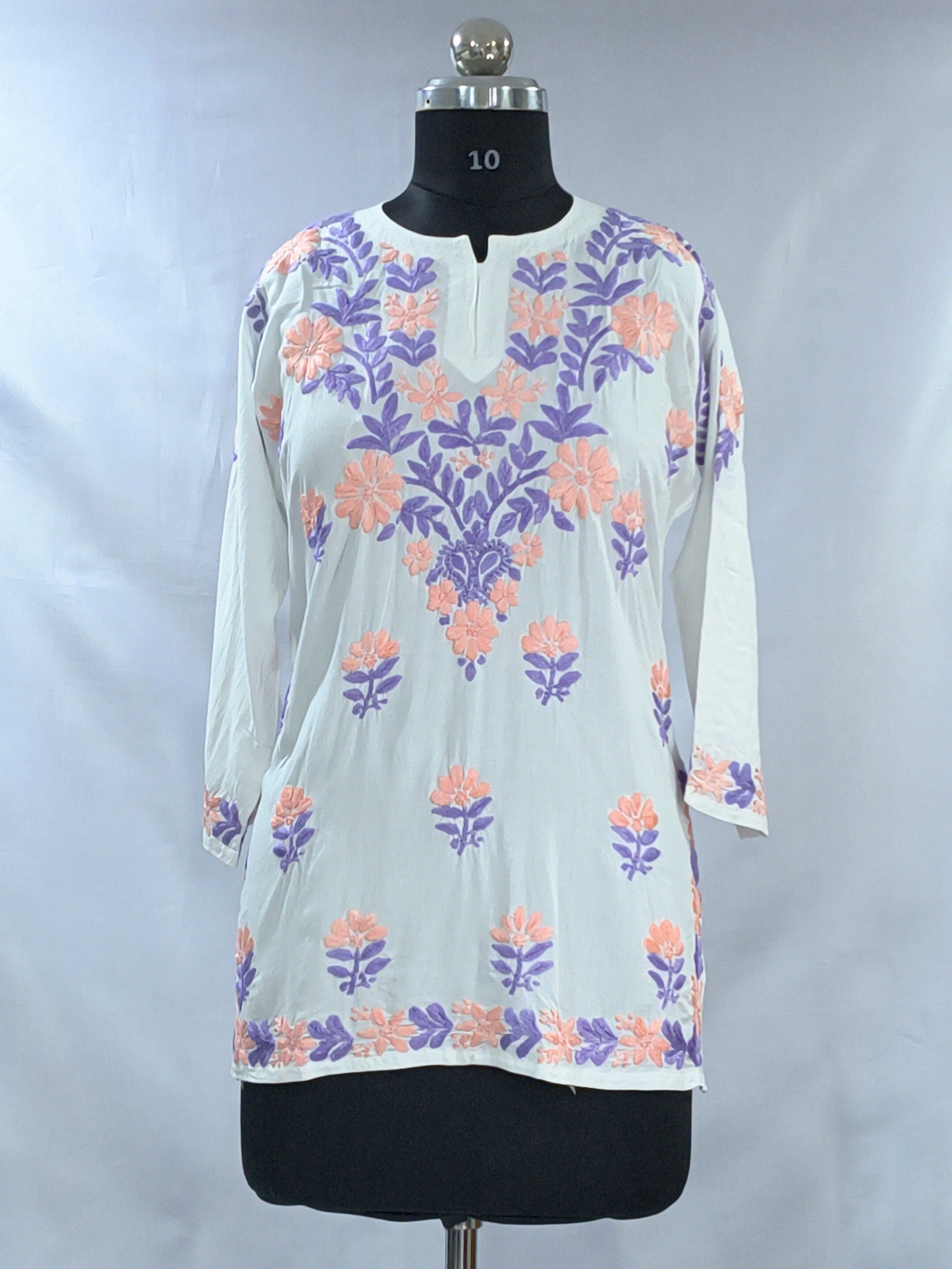 1002 white Modal Lucknowi short kurti peach & purple hand embroidery