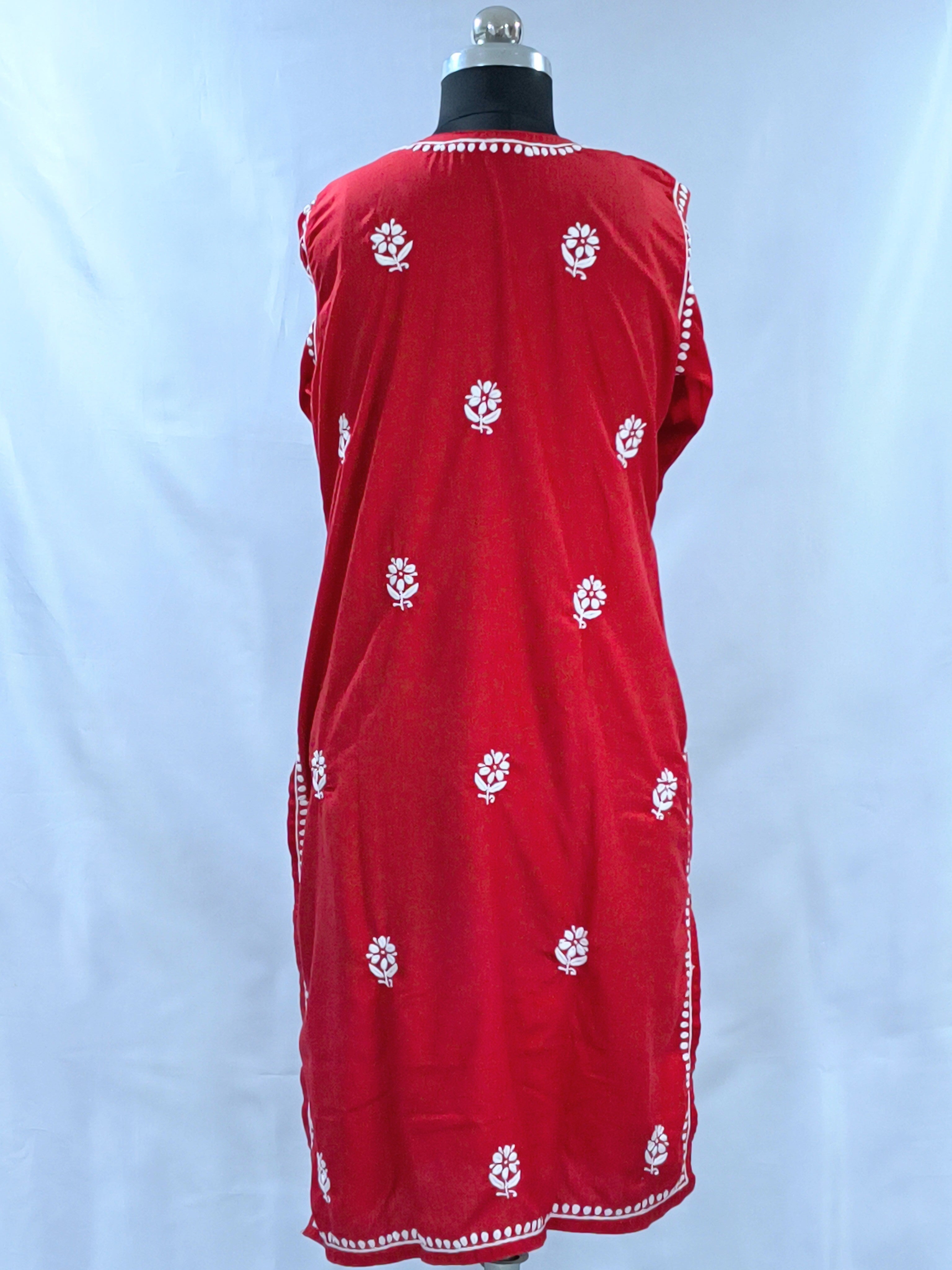 1005 red  Lucknowi knee length kurta hand embroidered