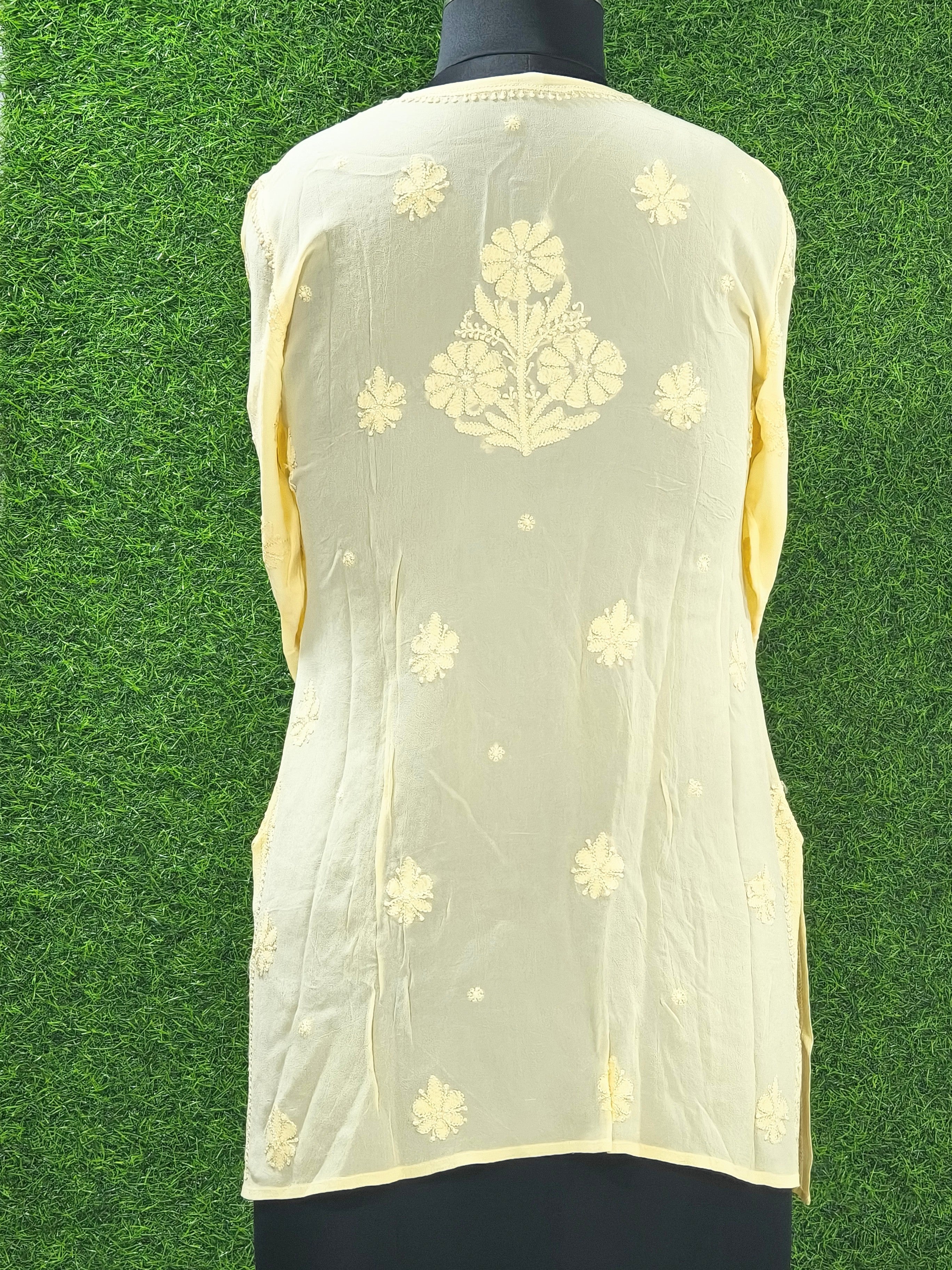Off white Lucknowi viscose short kurti with hand embroidery - slip included