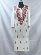 White Lucknowi cotton kurta in hand embroidery
