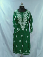 1006 green cotton Lucknowi knee length kurta hand embroidered