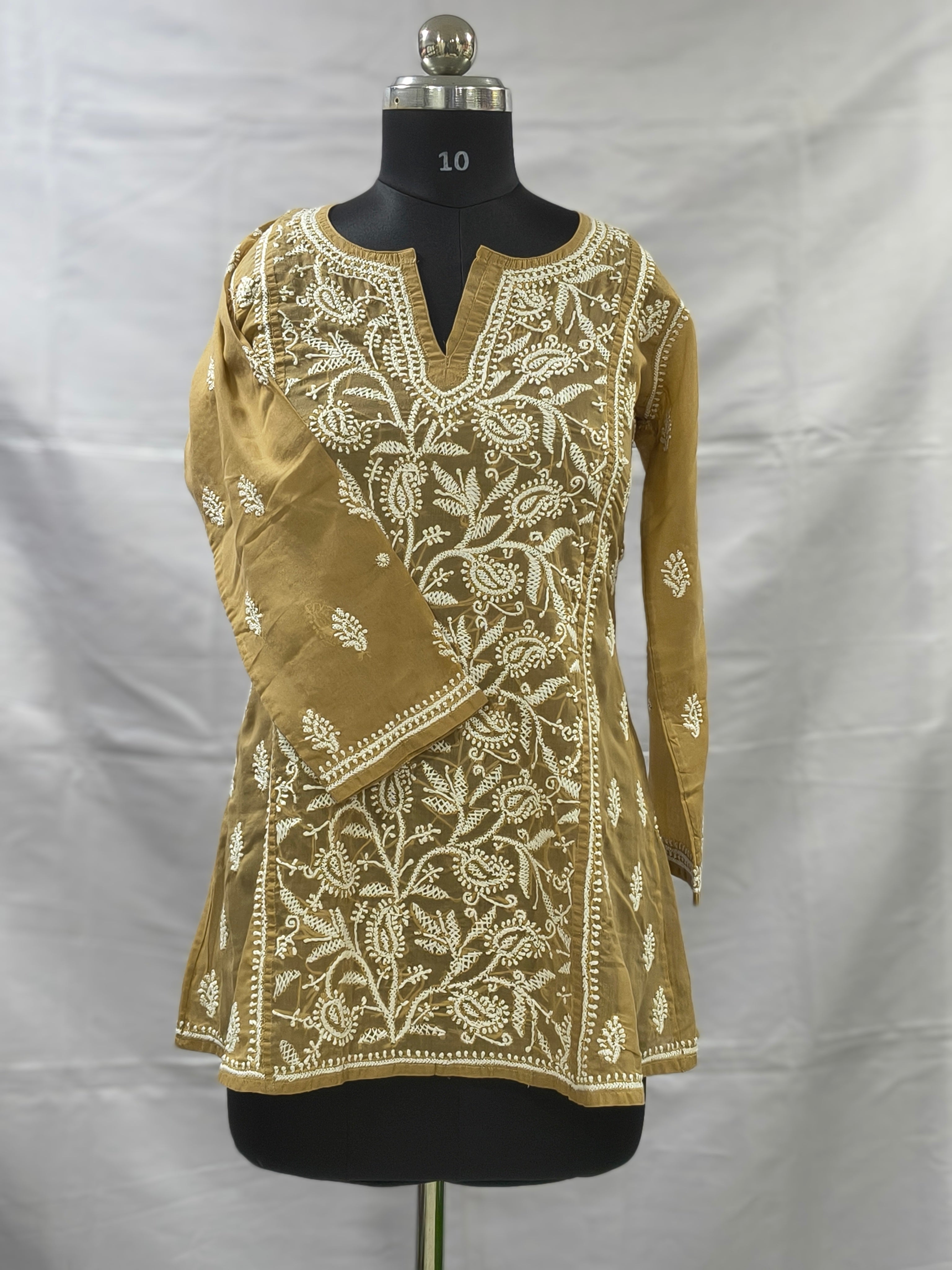 Beige Lucknowi Mul short kurti with hand embroidery l