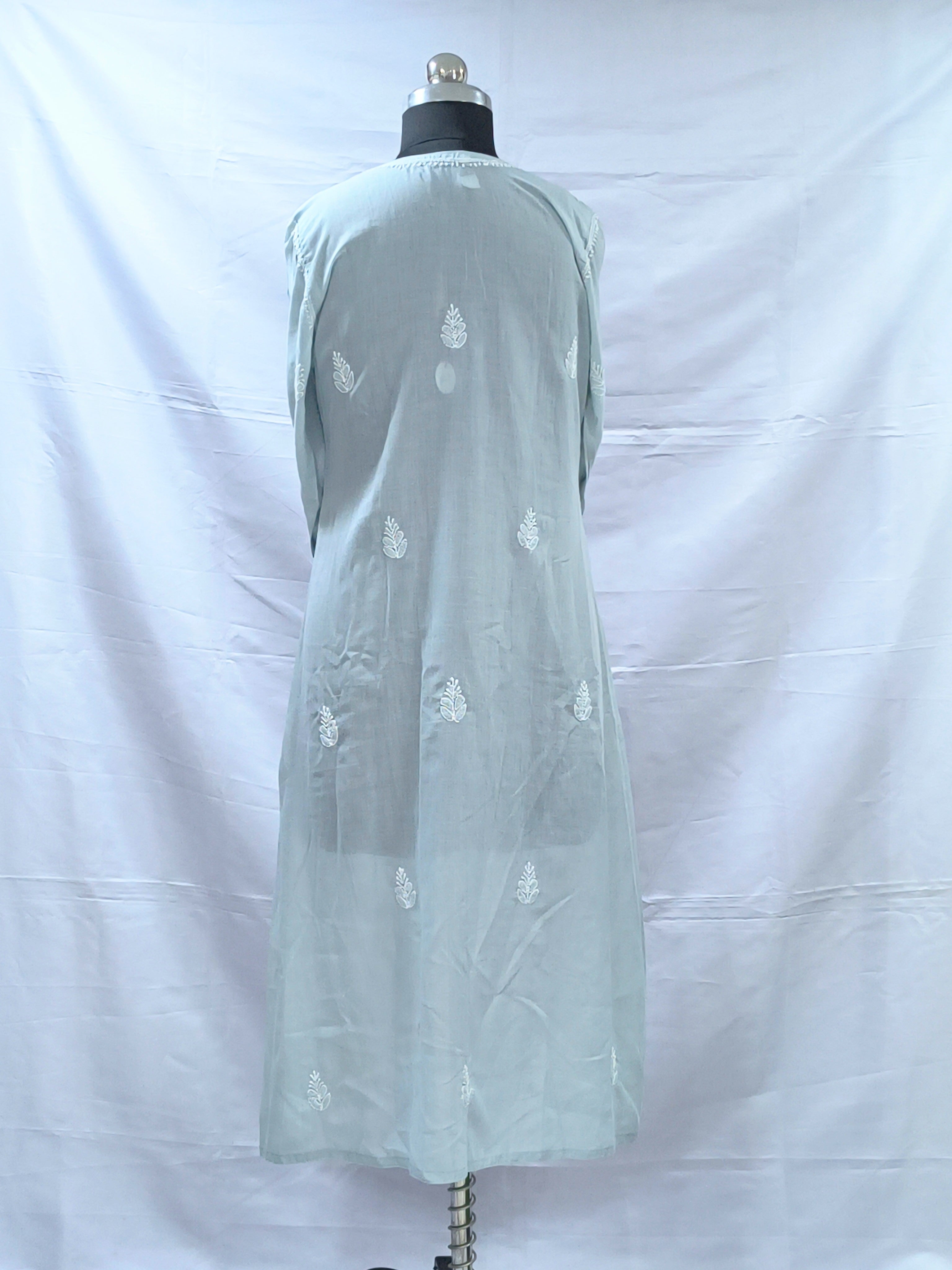 Grey Lucknowi Mul Angarkha  kurta in hand embroidery