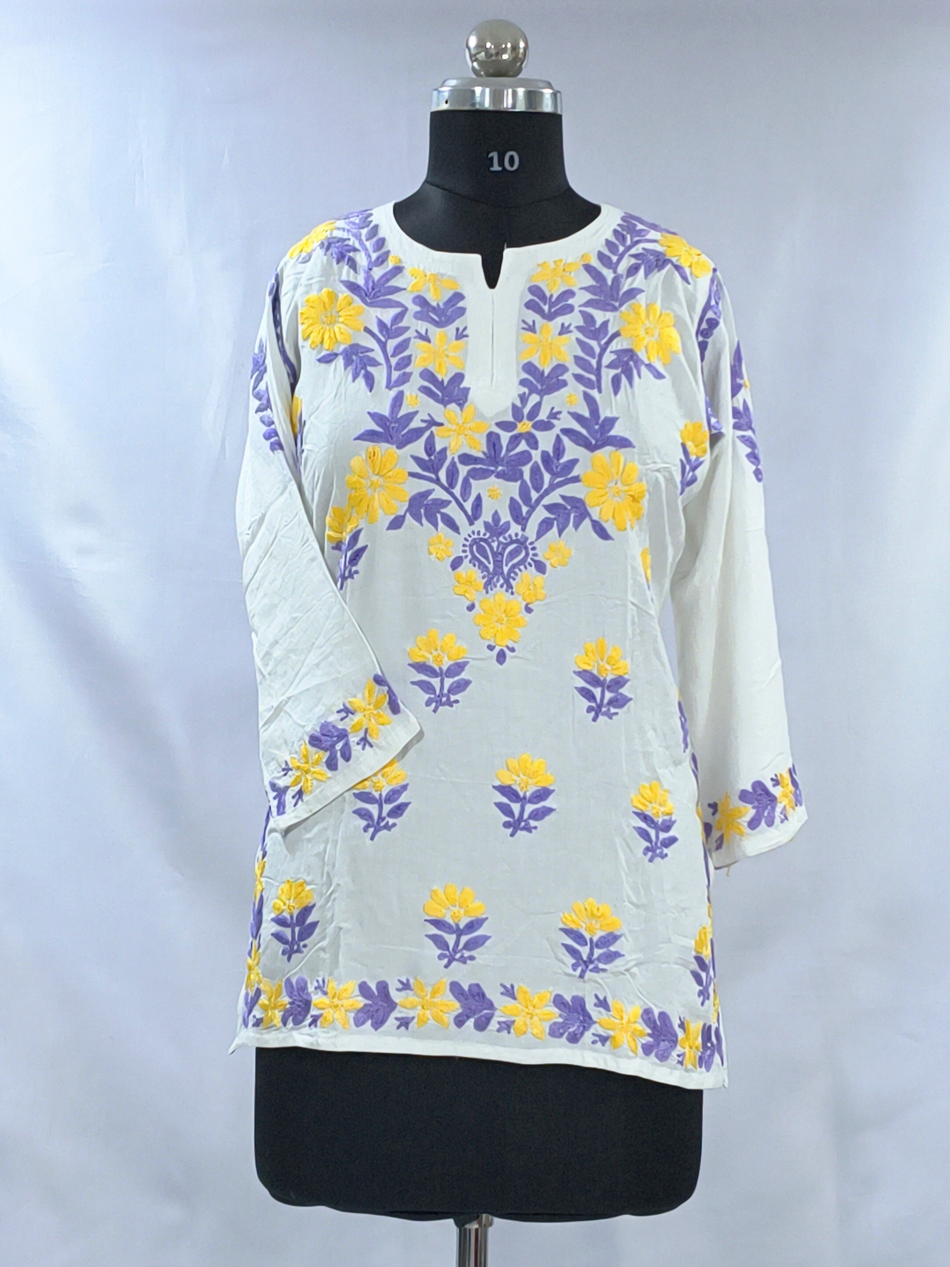 1001 white Modal Lucknowi short kurti yellow & purple hand embroidery