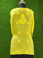 Yellow Lucknowi viscose short kurti with hand embroidery - slip included