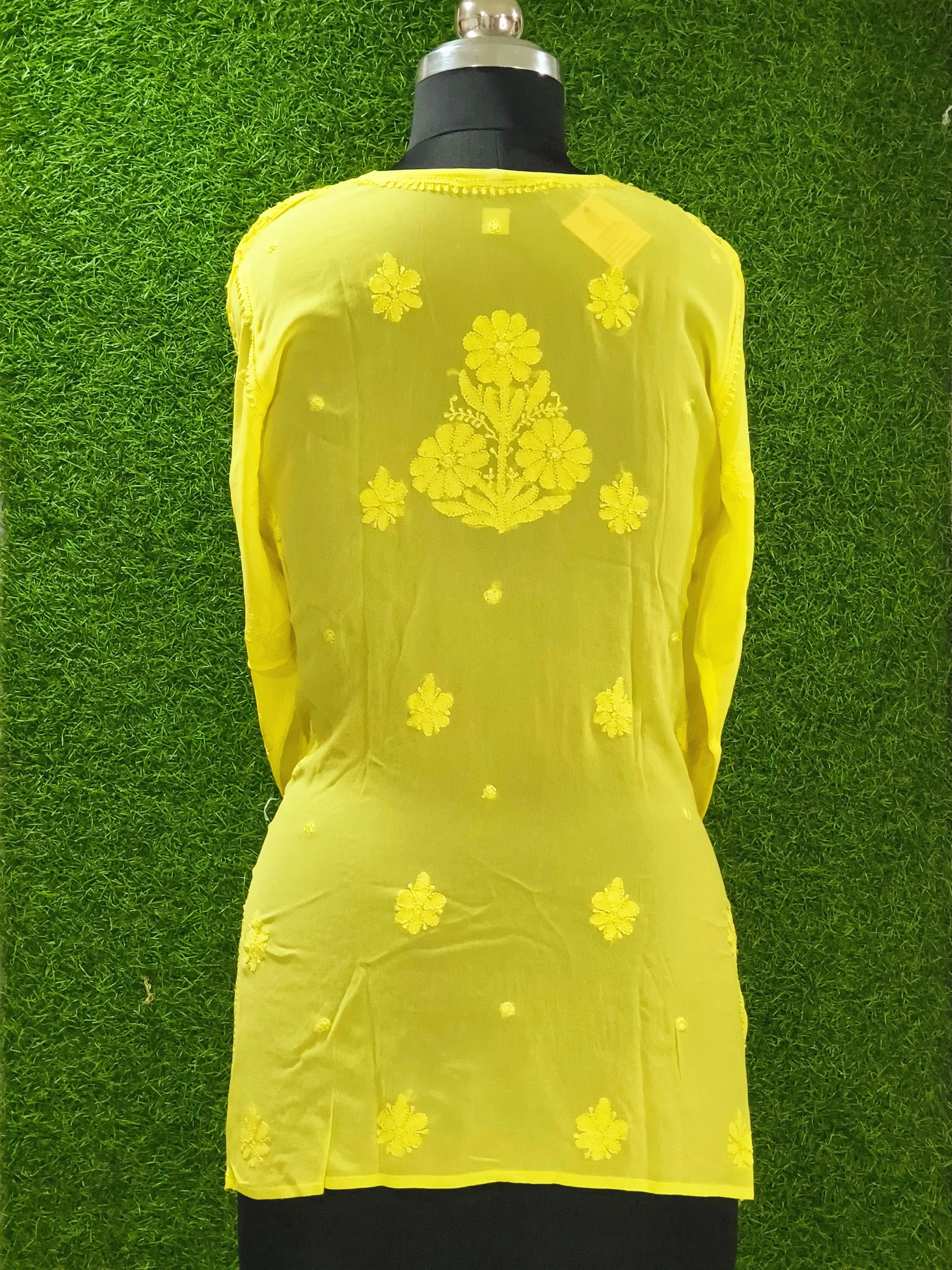 Yellow Lucknowi viscose short kurti with hand embroidery - slip included