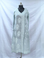 Grey Lucknowi Mul Angarkha  kurta in hand embroidery