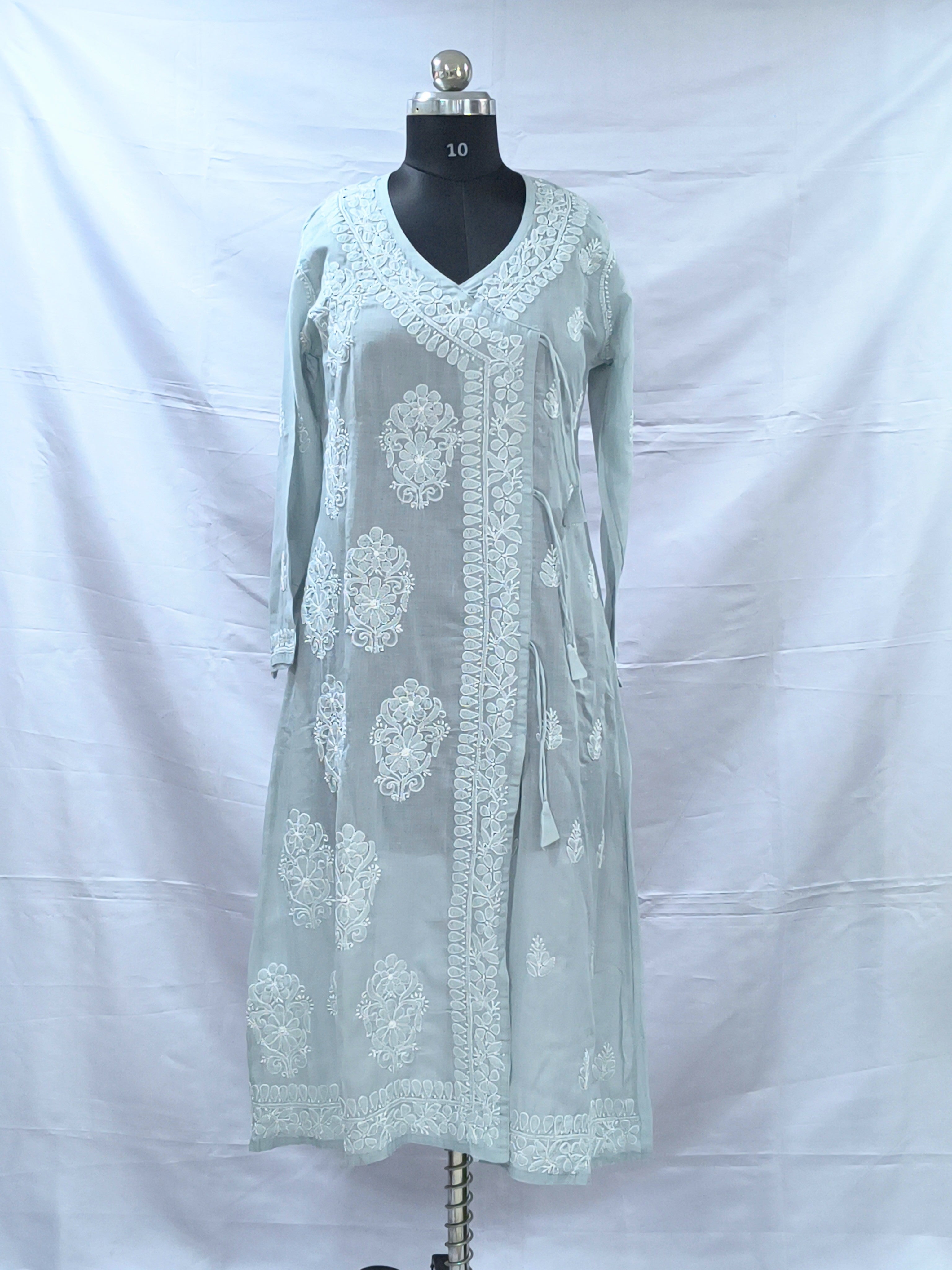 Grey Lucknowi Mul Angarkha  kurta in hand embroidery