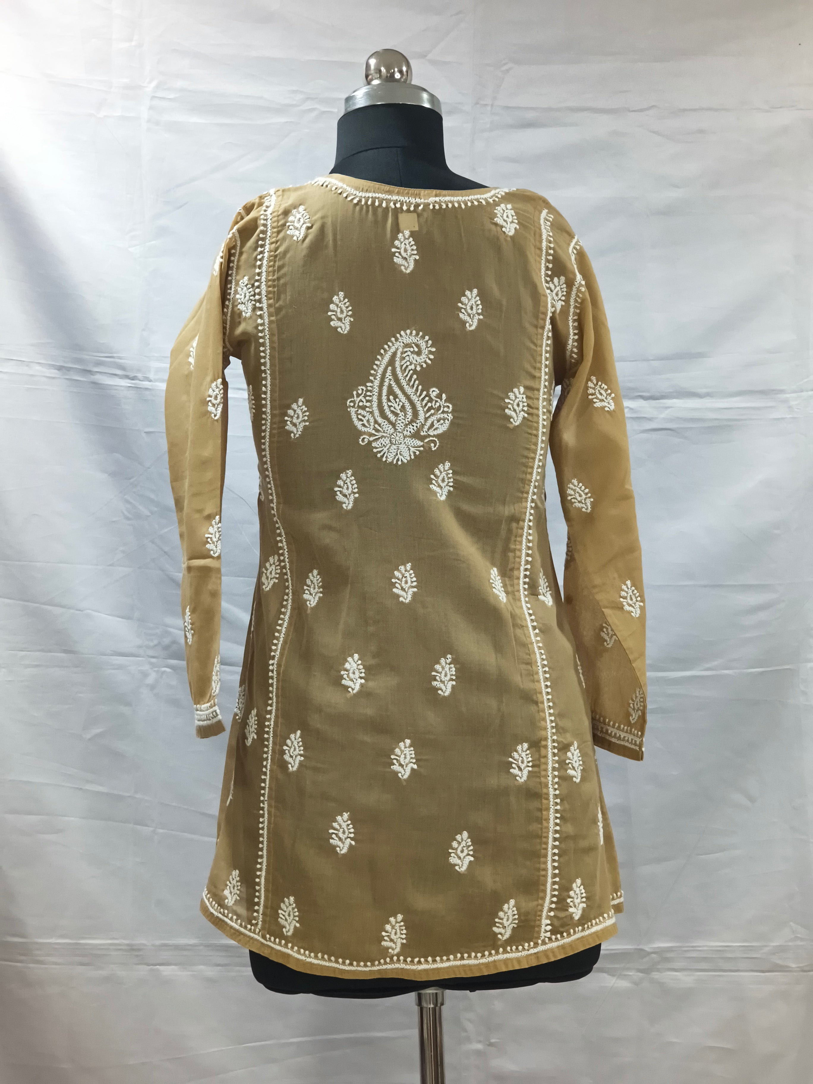 Beige Lucknowi Mul short kurti with hand embroidery l