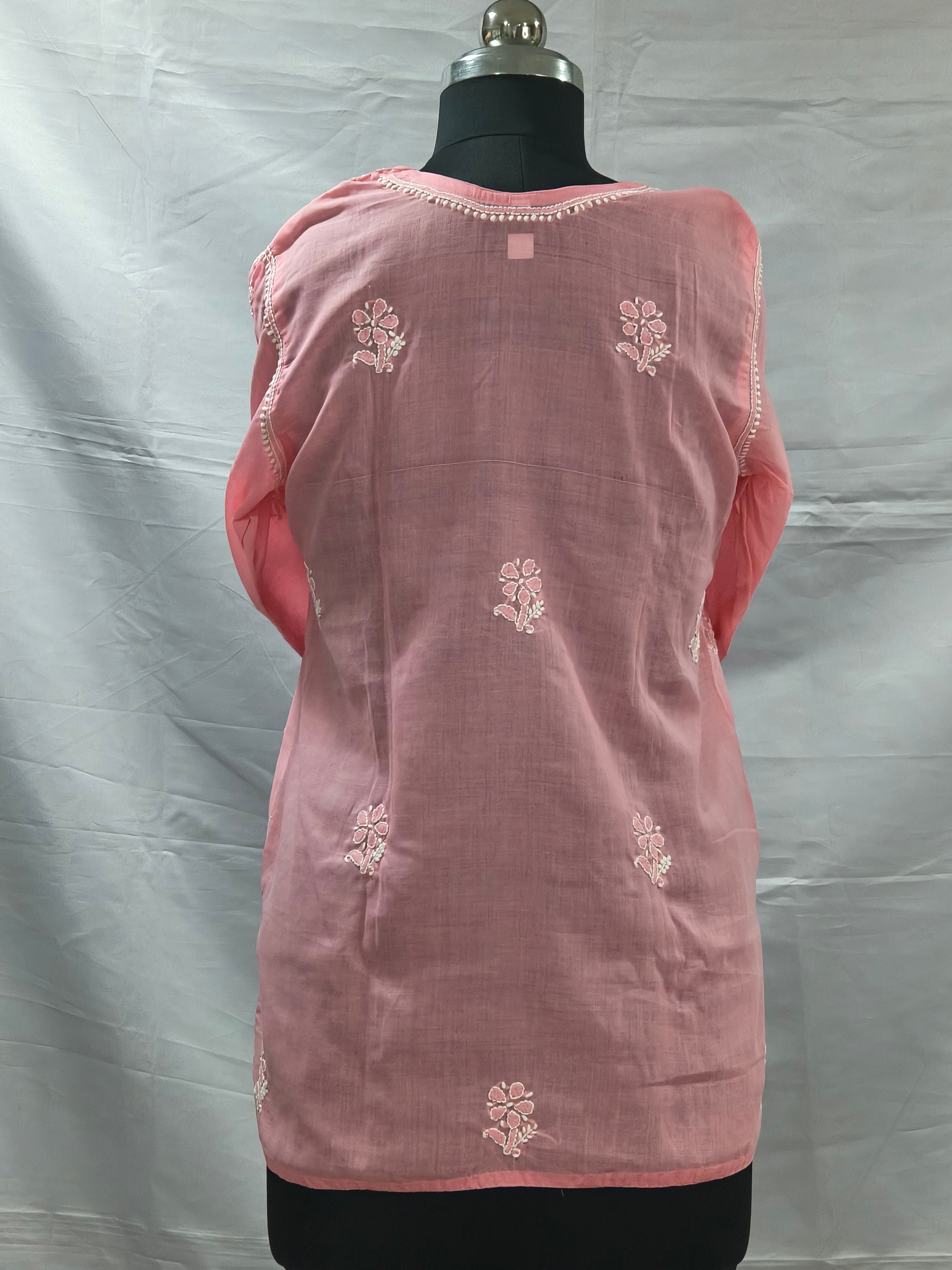 Salmon pink Lucknowi cotton short kurti hand embroidered