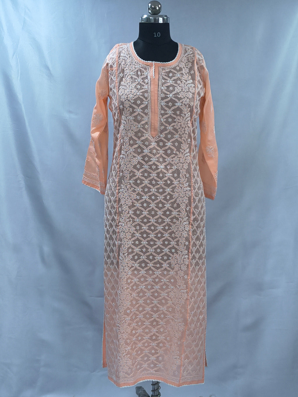 1023 orange Mul cotton Lucknowi kurta in hand embroidered front jaal