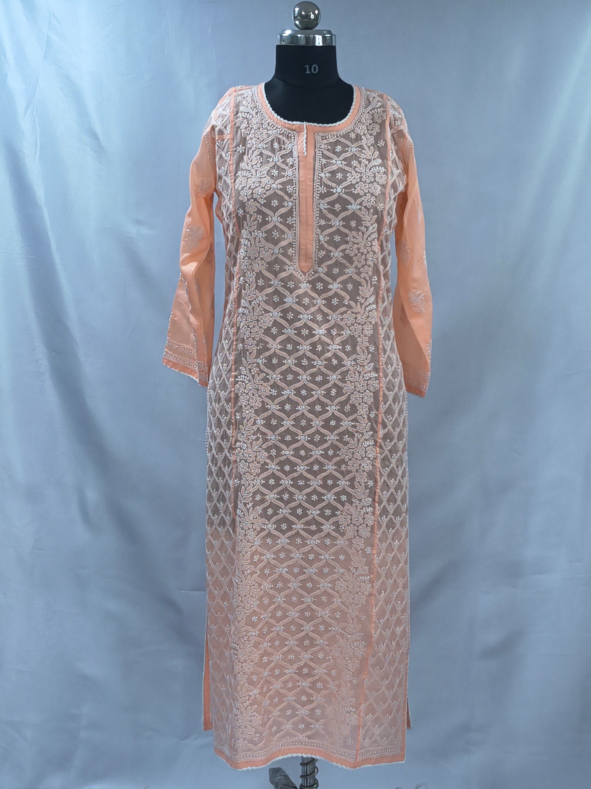 1023 orange Mul cotton Lucknowi kurta in hand embroidered front jaal