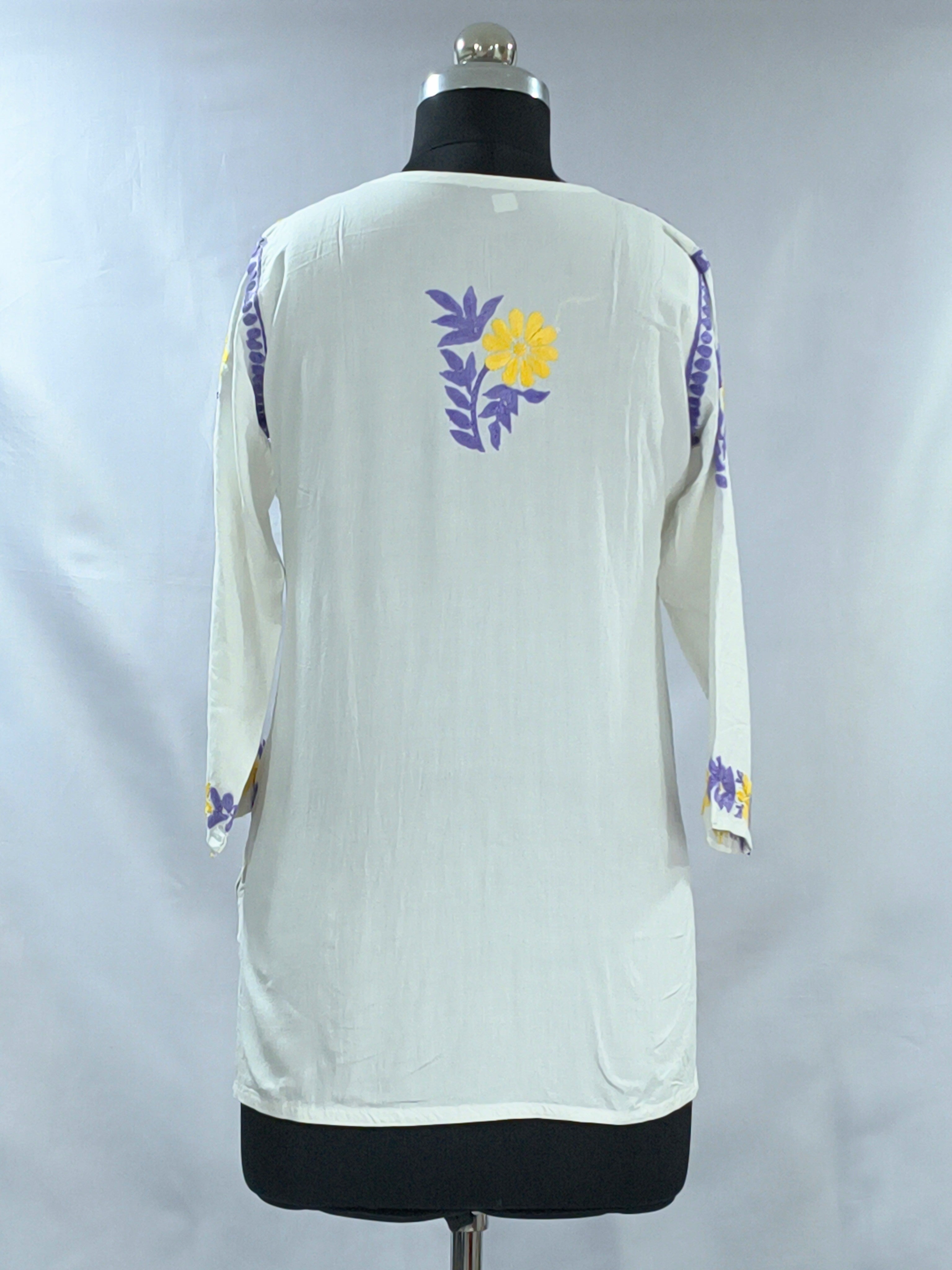 1001 white Modal Lucknowi short kurti yellow & purple hand embroidery