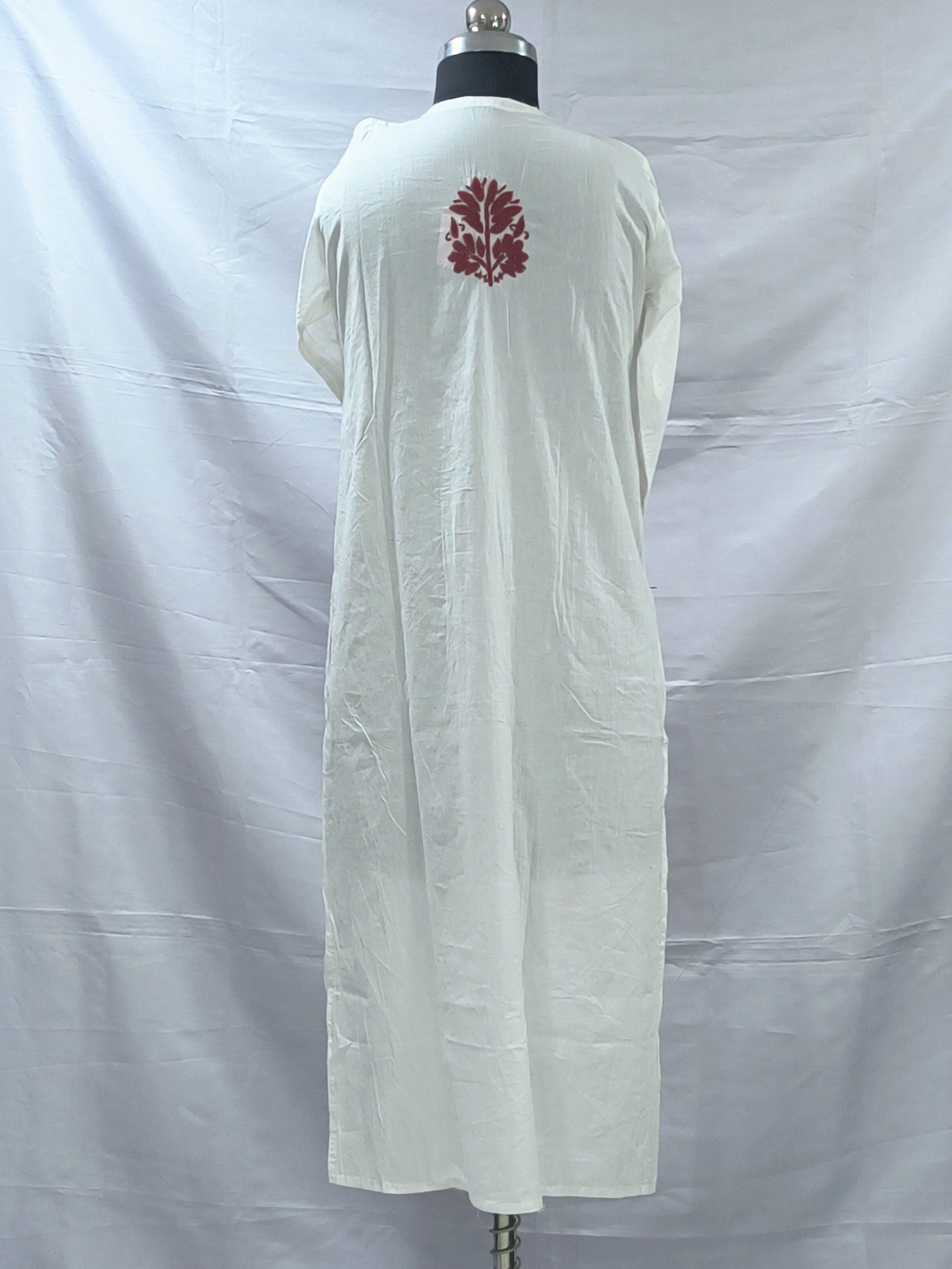 White Lucknowi cotton kurta in hand embroidery