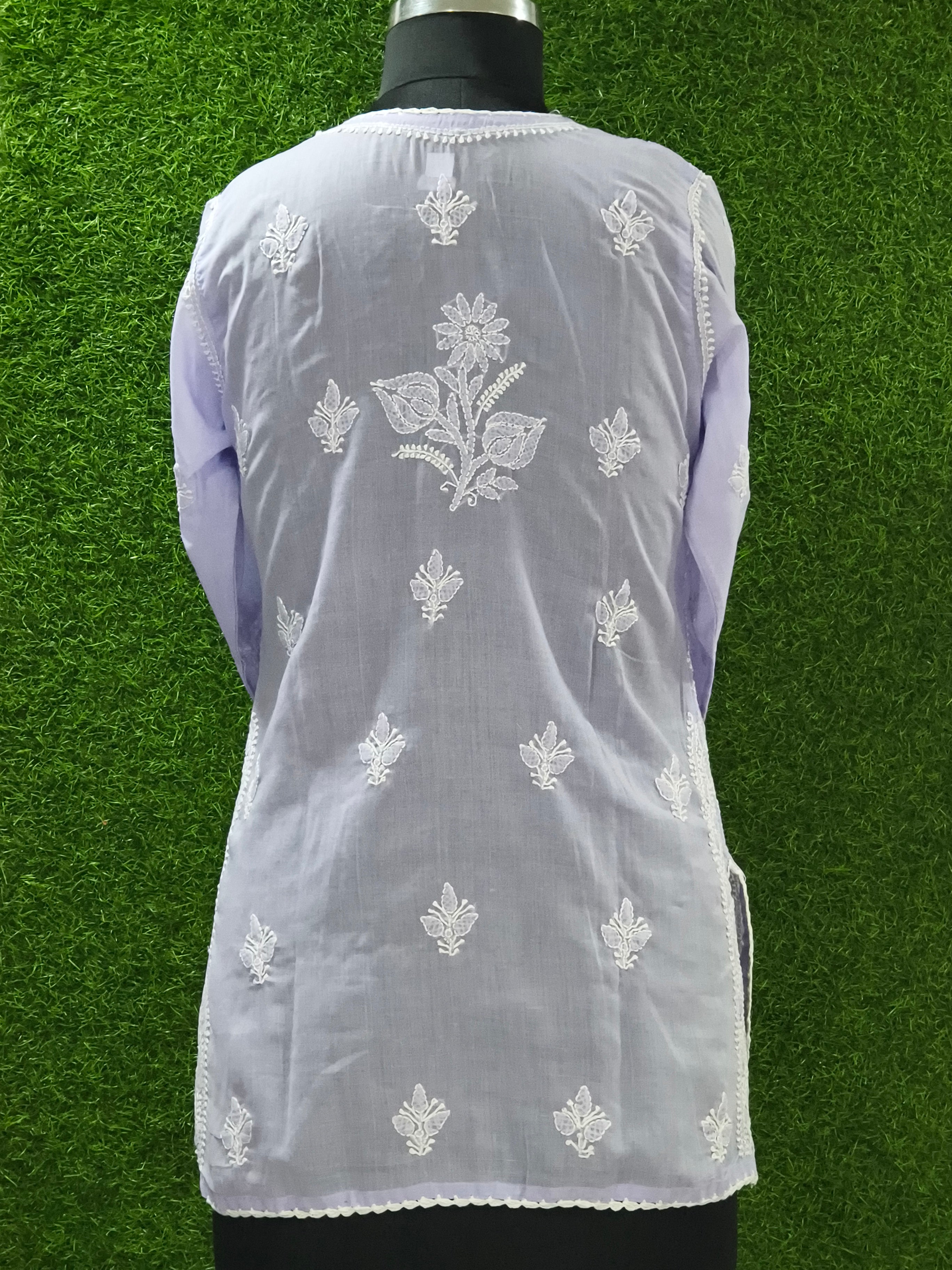 Lilac Lucknowi Mul short kurti hand embroidered
