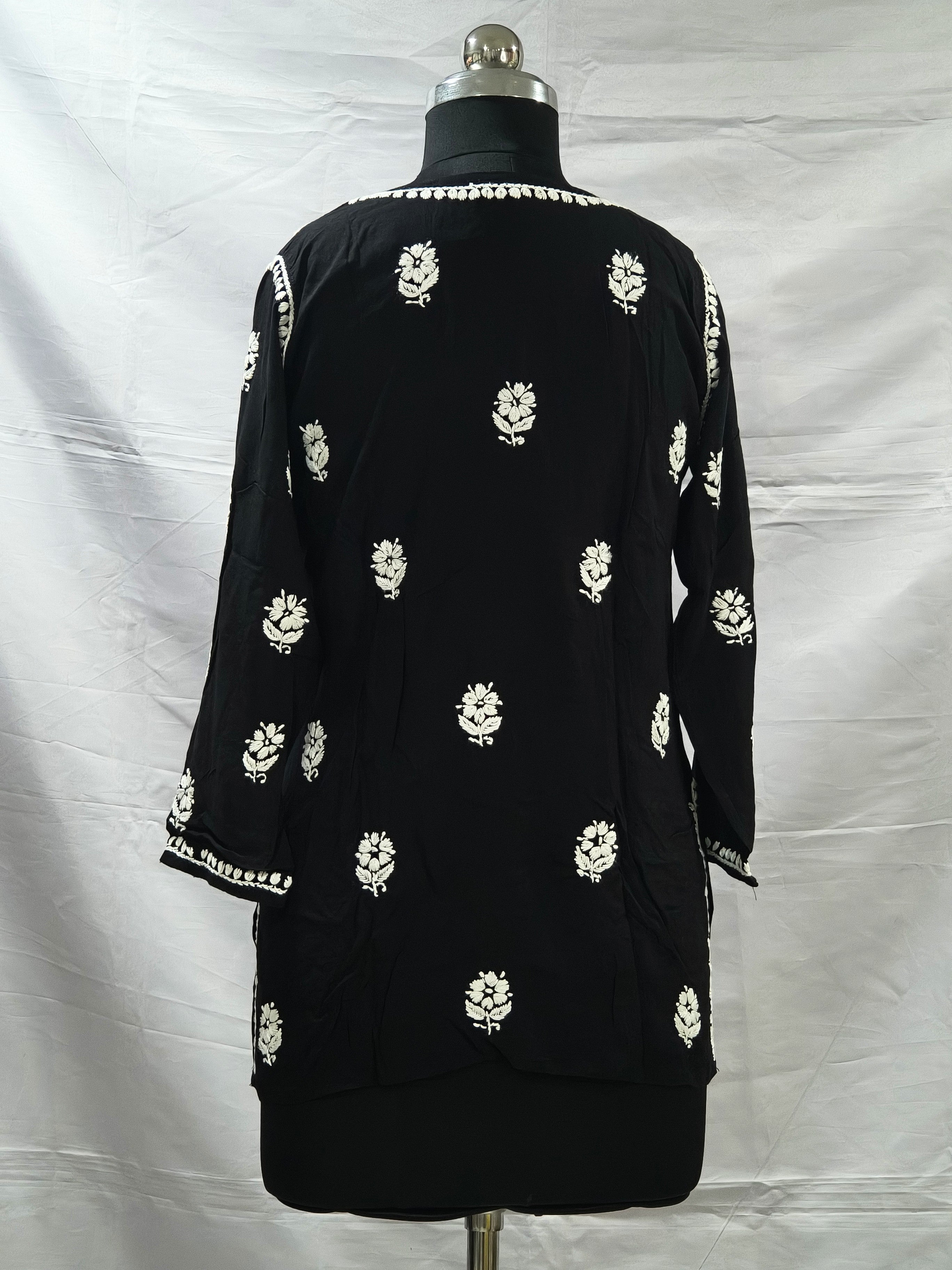Black Lucknowi Modal short kurti in hand embroidery