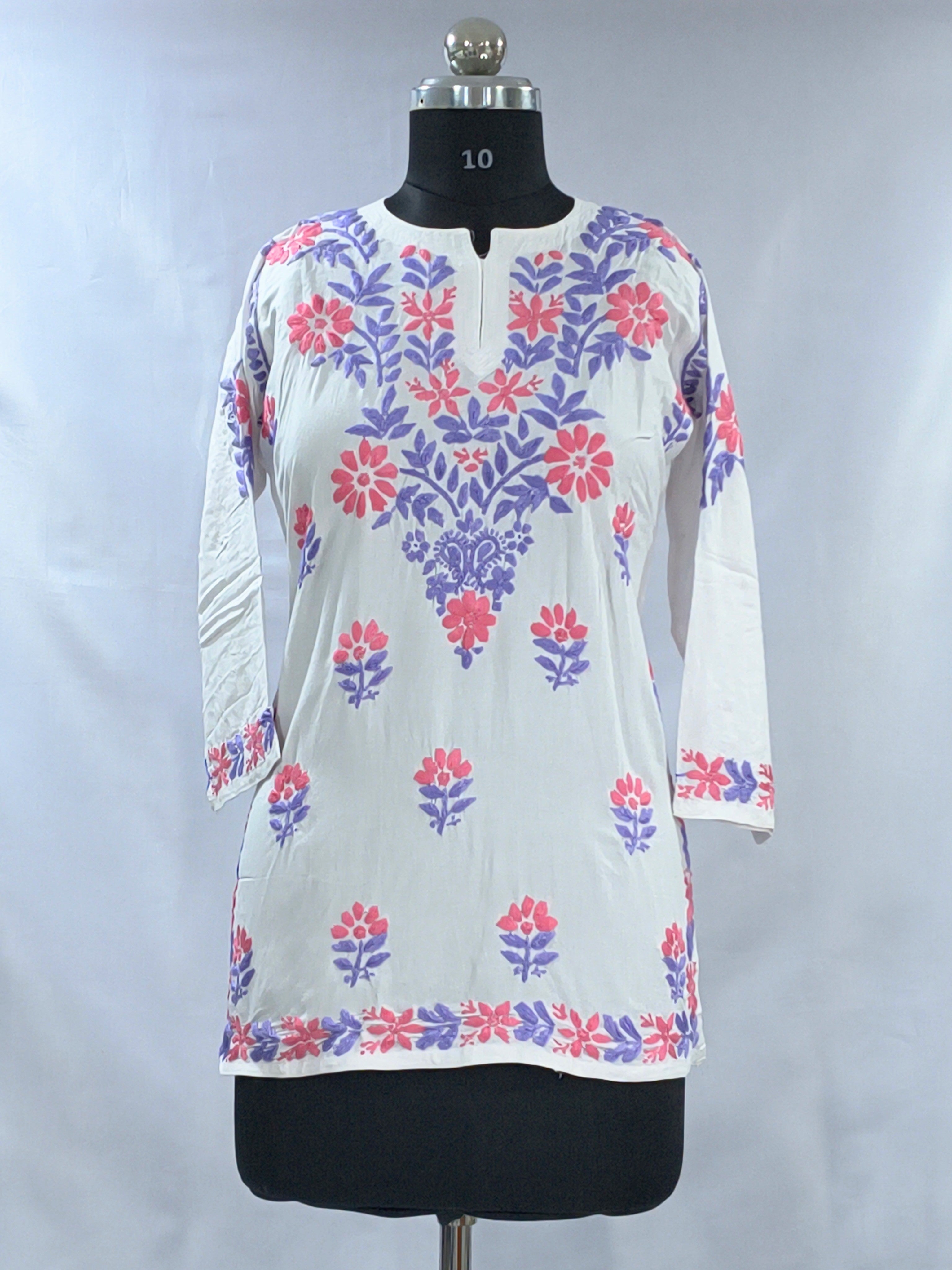 1003 white Modal Lucknowi short kurti purple & pink hand embroidery