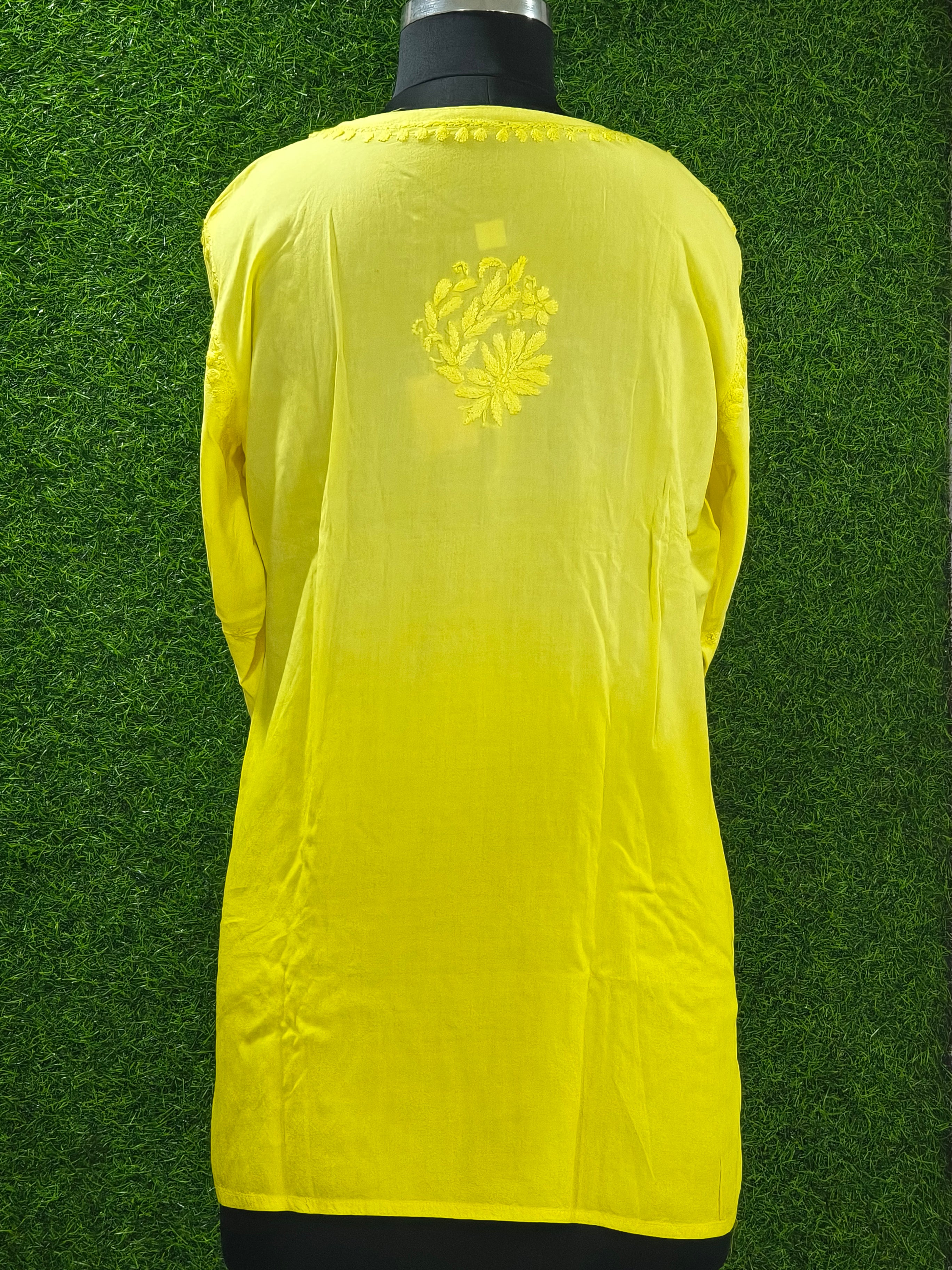 Yellow Lucknowi Rayon short kurti in hand embroidery