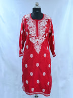1005 red  Lucknowi knee length kurta hand embroidered