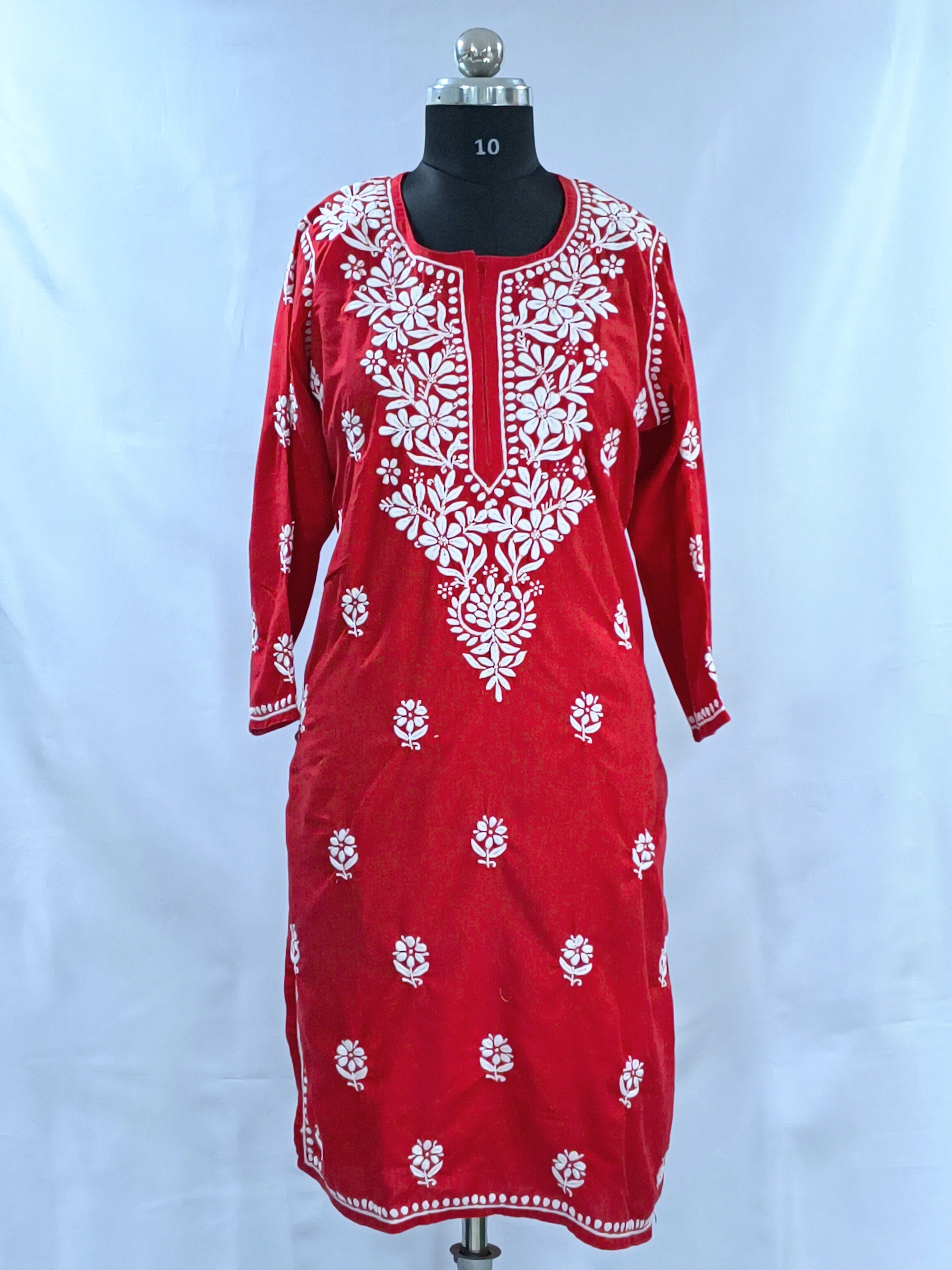 1005 red  Lucknowi knee length kurta hand embroidered