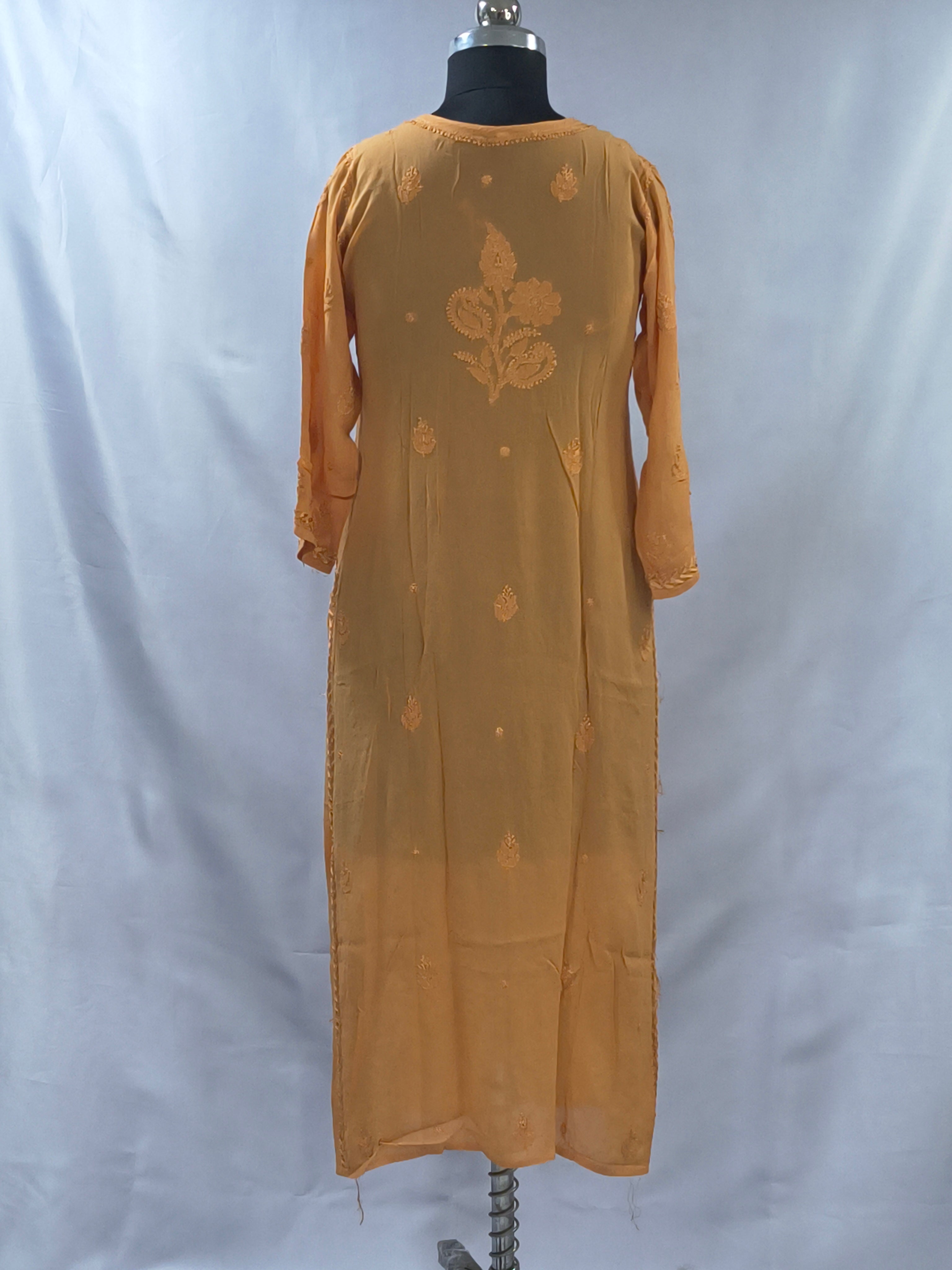 1019 golden orange  viscose lucknowi kurta in hand embroidered shadow work with silk thread