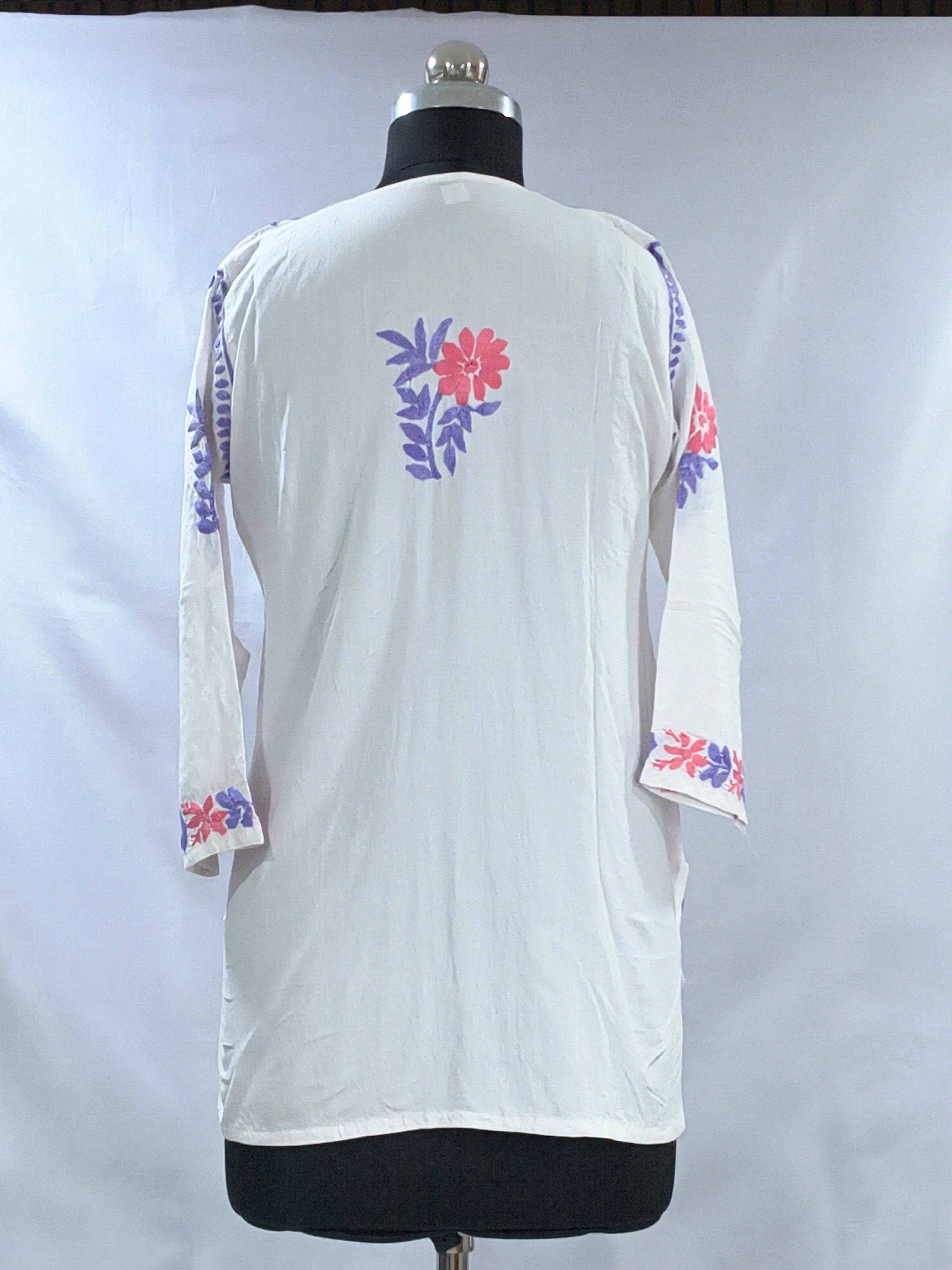 1003 white Modal Lucknowi short kurti purple & pink hand embroidery