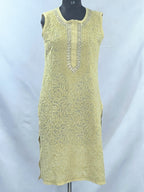 1010 beige cotton Lucknowi sleave less kurta hand embroidered in gota patti work