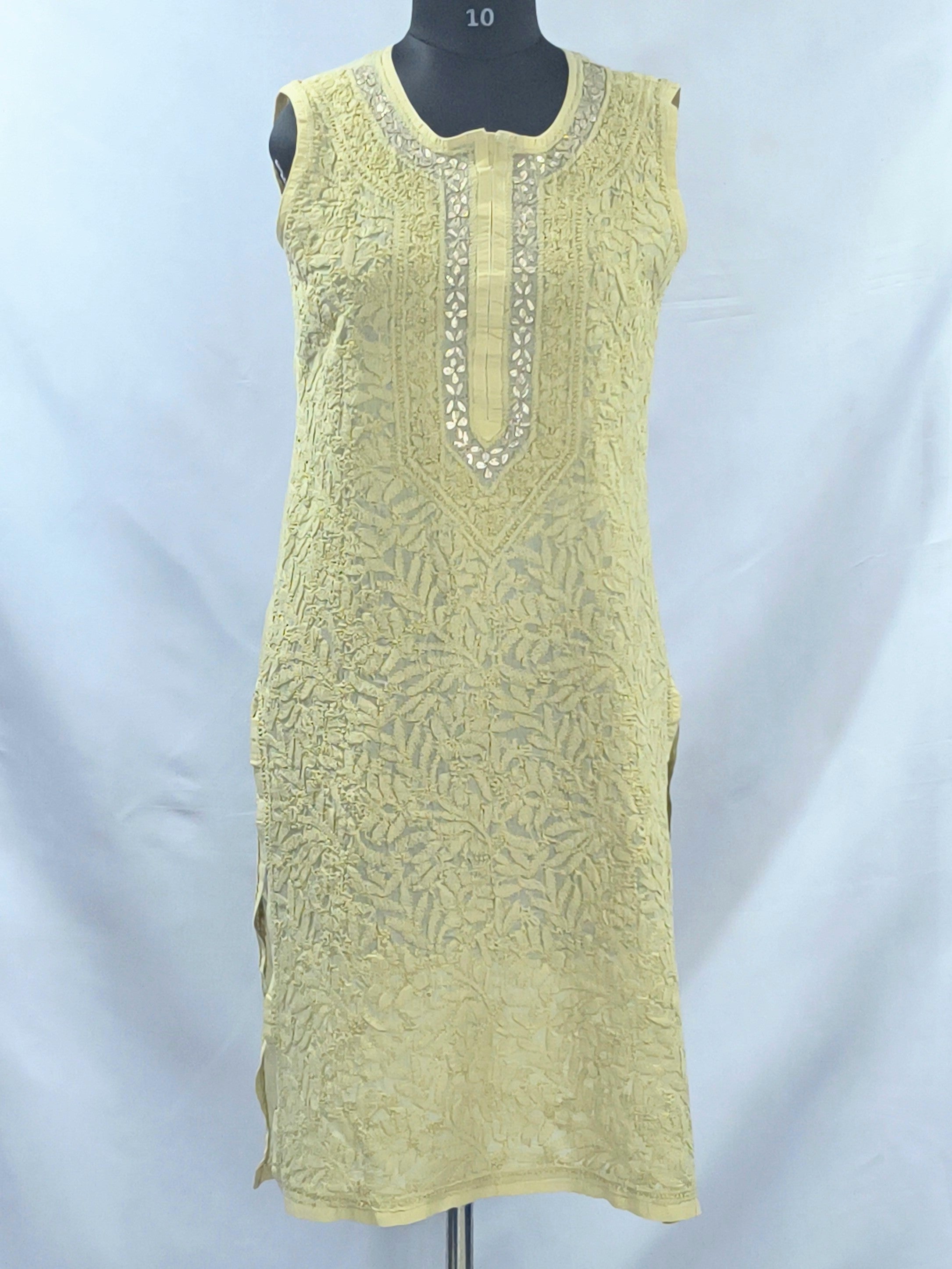 1010 beige cotton Lucknowi sleave less kurta hand embroidered in gota patti work